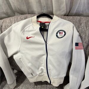 Nike White Olympic Team Bomber Jacket with Red and Navy Accents